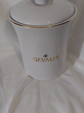 Gevalia White Ceramic Canister with Gold Trim and Lid